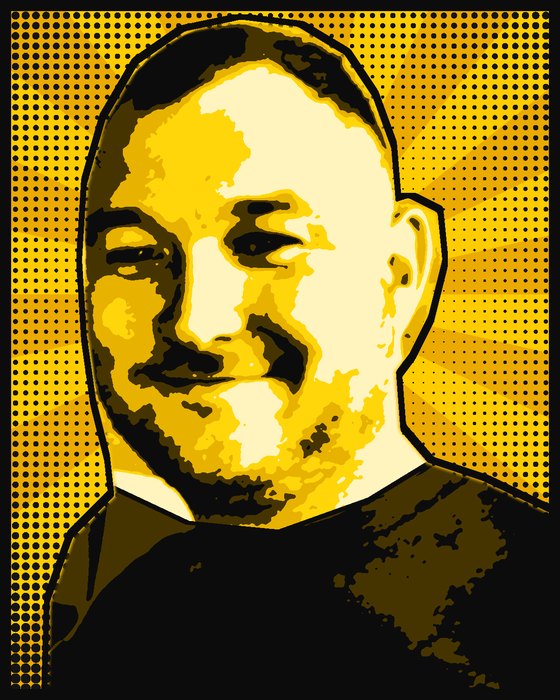 Pop-art portrait of Karl Tinsley in black and yellow